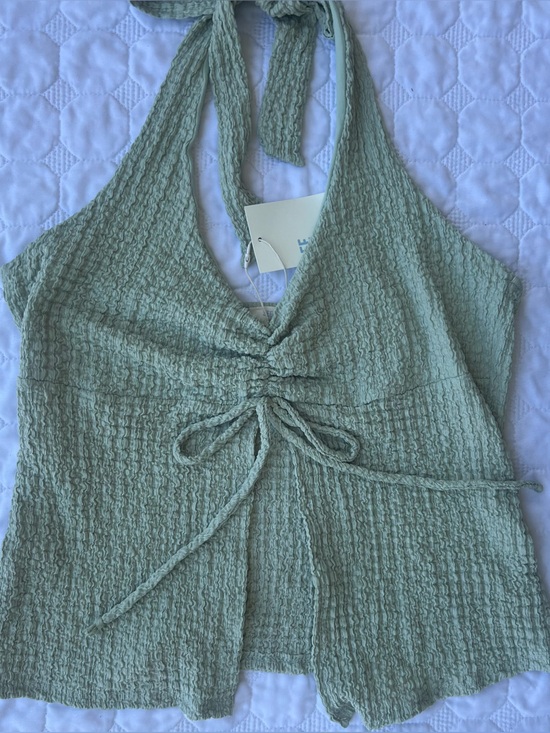 See You Monday Tops - See You Monday Sage Green Flowy Open Front Crop Halter Top | XL | NWT